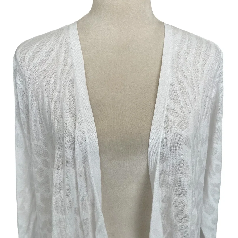 Chicos White Animal Prnt Semi Sheer Open Front Cardigan XL 3 Resort Coastal Chic